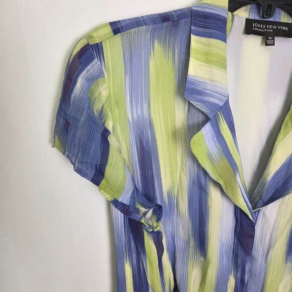 Jones New York Silk Tie Front Blouse Watercolor Stripe Green Blue Size 14 - Picture 4 of 7
